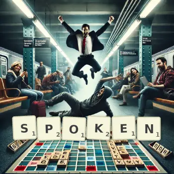 Creative illustration for a Scrabble game with the word SPOKEN spelled out in tiles on the board.