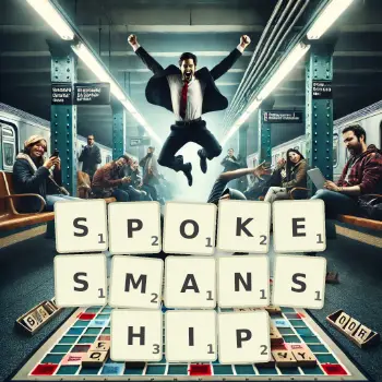 Creative illustration for a Scrabble game with the word SPOKESMANSHIP spelled out in tiles on the board.