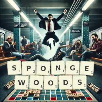 Creative illustration for a Scrabble game with the word SPONGEWOODS spelled out in tiles on the board.