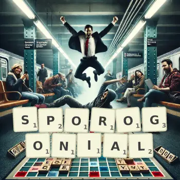 Creative illustration for a Scrabble game with the word SPOROGONIAL spelled out in tiles on the board.