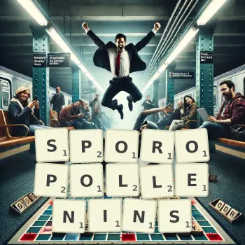 Creative illustration for a Scrabble game with the word SPOROPOLLENINS spelled out in tiles on the board.