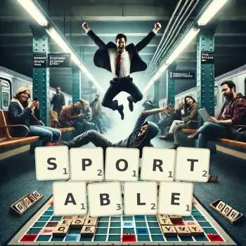 Creative illustration for a Scrabble game with the word SPORTABLE spelled out in tiles on the board.