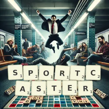 Creative illustration for a Scrabble game with the word SPORTCASTER spelled out in tiles on the board.