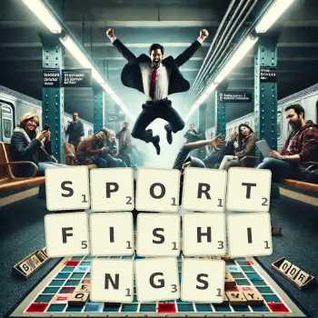 Creative illustration for a Scrabble game with the word SPORTFISHINGS spelled out in tiles on the board.
