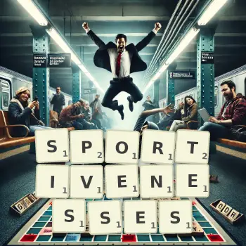 Creative illustration for a Scrabble game with the word SPORTIVENESSES spelled out in tiles on the board.