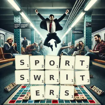 Creative illustration for a Scrabble game with the word SPORTSWRITERS spelled out in tiles on the board.