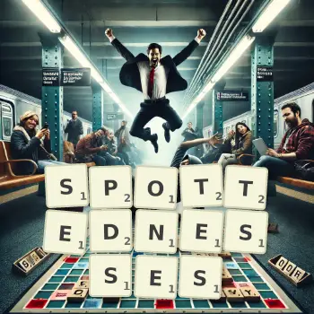 Creative illustration for a Scrabble game with the word SPOTTEDNESSES spelled out in tiles on the board.