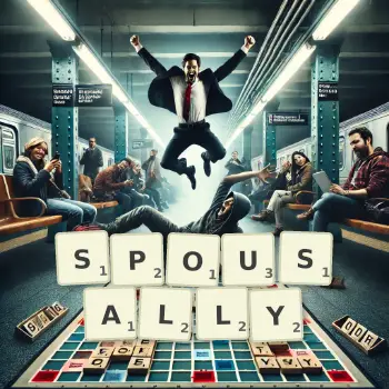 Creative illustration for a Scrabble game with the word SPOUSALLY spelled out in tiles on the board.