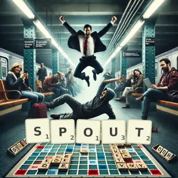 Creative illustration for a Scrabble game with the word SPOUT spelled out in tiles on the board.