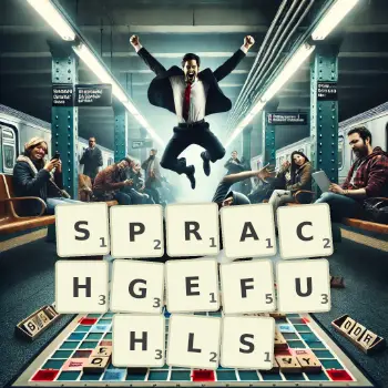 Creative illustration for a Scrabble game with the word SPRACHGEFUHLS spelled out in tiles on the board.