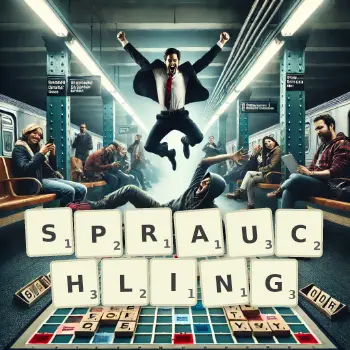 Creative illustration for a Scrabble game with the word SPRAUCHLING spelled out in tiles on the board.