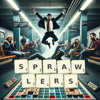 Creative illustration for a Scrabble game with the word SPRAWLERS spelled out in tiles on the board.