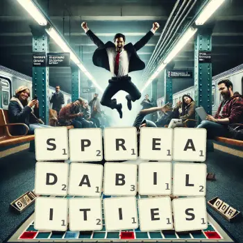 Creative illustration for a Scrabble game with the word SPREADABILITIES spelled out in tiles on the board.