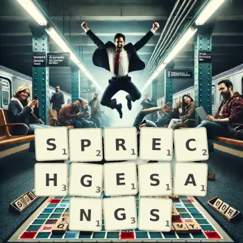 Creative illustration for a Scrabble game with the word SPRECHGESANGS spelled out in tiles on the board.