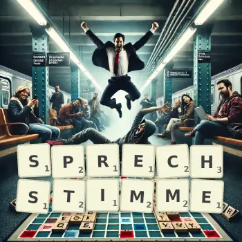 Creative illustration for a Scrabble game with the word SPRECHSTIMME spelled out in tiles on the board.