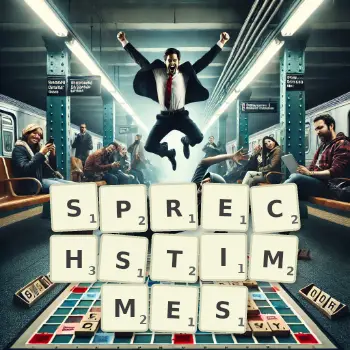 Creative illustration for a Scrabble game with the word SPRECHSTIMMES spelled out in tiles on the board.