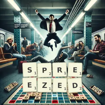 Creative illustration for a Scrabble game with the word SPREEZED spelled out in tiles on the board.