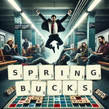 Creative illustration for a Scrabble game with the word SPRINGBUCKS spelled out in tiles on the board.