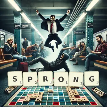 Creative illustration for a Scrabble game with the word SPRONG spelled out in tiles on the board.