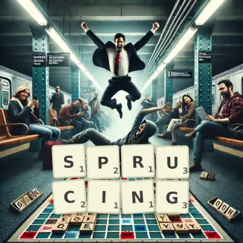 Creative illustration for a Scrabble game with the word SPRUCING spelled out in tiles on the board.