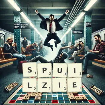 Creative illustration for a Scrabble game with the word SPUILZIE spelled out in tiles on the board.