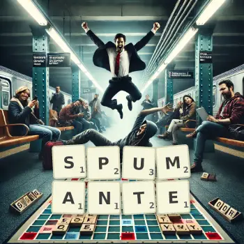 Creative illustration for a Scrabble game with the word SPUMANTE spelled out in tiles on the board.