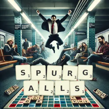 Creative illustration for a Scrabble game with the word SPURGALLS spelled out in tiles on the board.