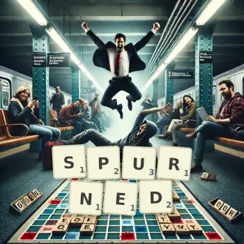 Creative illustration for a Scrabble game with the word SPURNED spelled out in tiles on the board.
