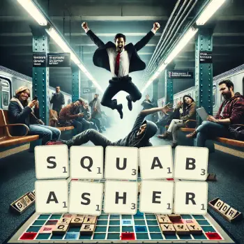 Creative illustration for a Scrabble game with the word SQUABASHER spelled out in tiles on the board.