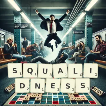 Creative illustration for a Scrabble game with the word SQUALIDNESS spelled out in tiles on the board.