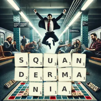 Creative illustration for a Scrabble game with the word SQUANDERMANIA spelled out in tiles on the board.