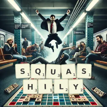 Creative illustration for a Scrabble game with the word SQUASHILY spelled out in tiles on the board.