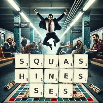 Creative illustration for a Scrabble game with the word SQUASHINESSES spelled out in tiles on the board.