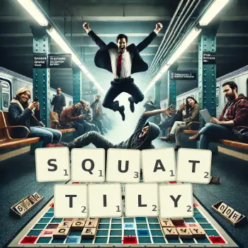Creative illustration for a Scrabble game with the word SQUATTILY spelled out in tiles on the board.