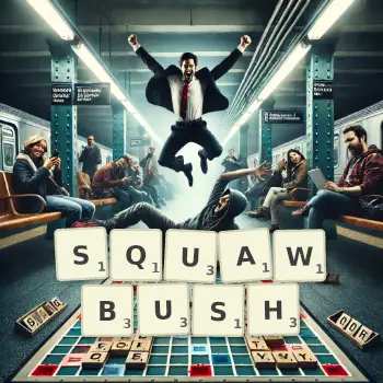 Creative illustration for a Scrabble game with the word SQUAWBUSH spelled out in tiles on the board.