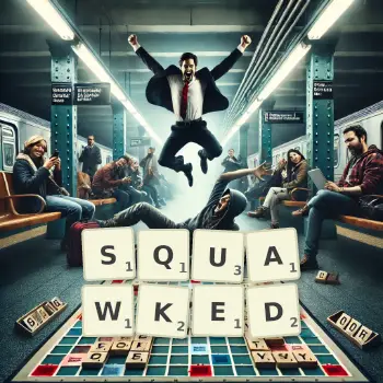 Creative illustration for a Scrabble game with the word SQUAWKED spelled out in tiles on the board.