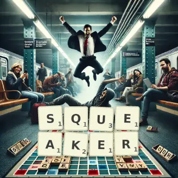 Creative illustration for a Scrabble game with the word SQUEAKER spelled out in tiles on the board.