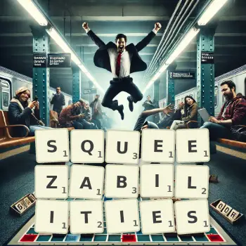 Creative illustration for a Scrabble game with the word SQUEEZABILITIES spelled out in tiles on the board.