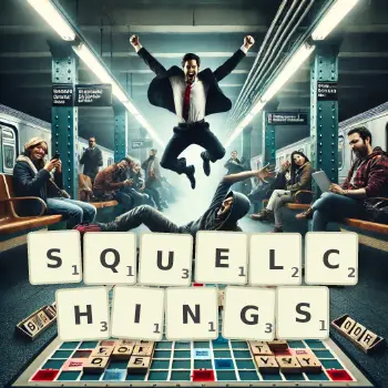 Creative illustration for a Scrabble game with the word SQUELCHINGS spelled out in tiles on the board.