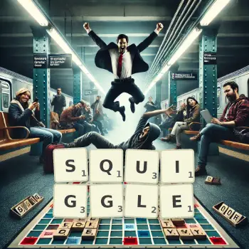 Creative illustration for a Scrabble game with the word SQUIGGLE spelled out in tiles on the board.