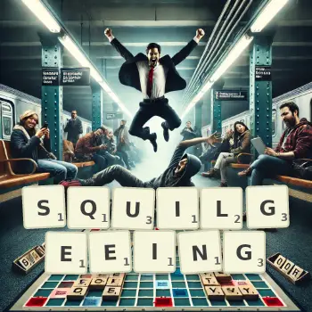 Creative illustration for a Scrabble game with the word SQUILGEEING spelled out in tiles on the board.