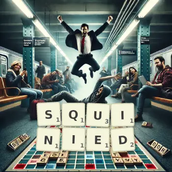 Creative illustration for a Scrabble game with the word SQUINIED spelled out in tiles on the board.