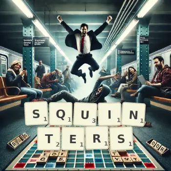 Creative illustration for a Scrabble game with the word SQUINTERS spelled out in tiles on the board.