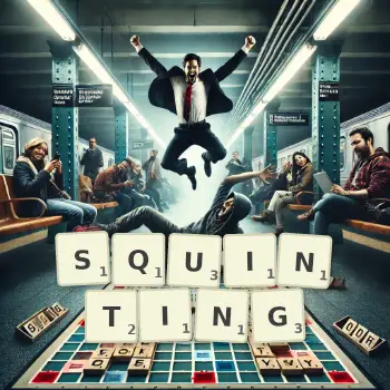 Creative illustration for a Scrabble game with the word SQUINTING spelled out in tiles on the board.