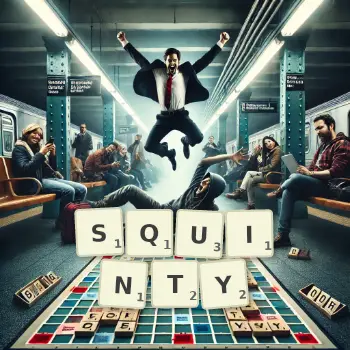Creative illustration for a Scrabble game with the word SQUINTY spelled out in tiles on the board.