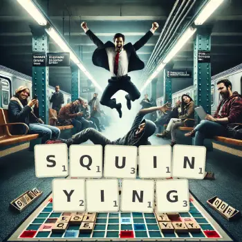 Creative illustration for a Scrabble game with the word SQUINYING spelled out in tiles on the board.