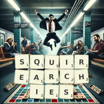 Creative illustration for a Scrabble game with the word SQUIREARCHIES spelled out in tiles on the board.