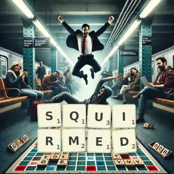 Creative illustration for a Scrabble game with the word SQUIRMED spelled out in tiles on the board.