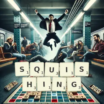 Creative illustration for a Scrabble game with the word SQUISHING spelled out in tiles on the board.