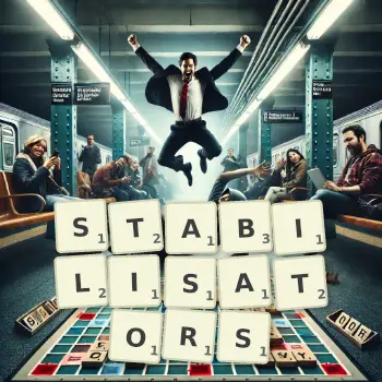Creative illustration for a Scrabble game with the word STABILISATORS spelled out in tiles on the board.